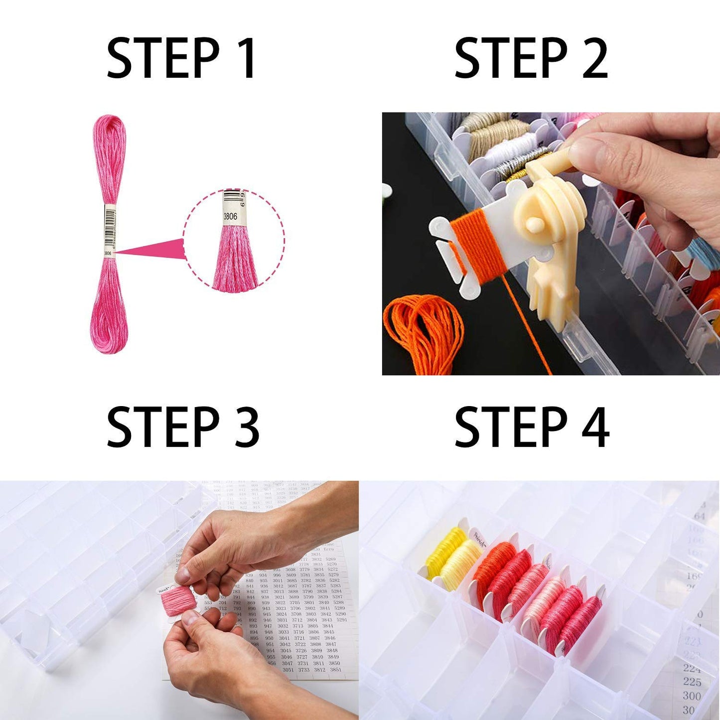 Epesl Embroidery Floss Organizer Box Tools - Bobbin Winder, 1 Removable 36 Compartments with 120 Floss Bobbins and Stickers for Craft DIY Cross Stitch Thread Sewing Bead Jewelry Diamonds Storage