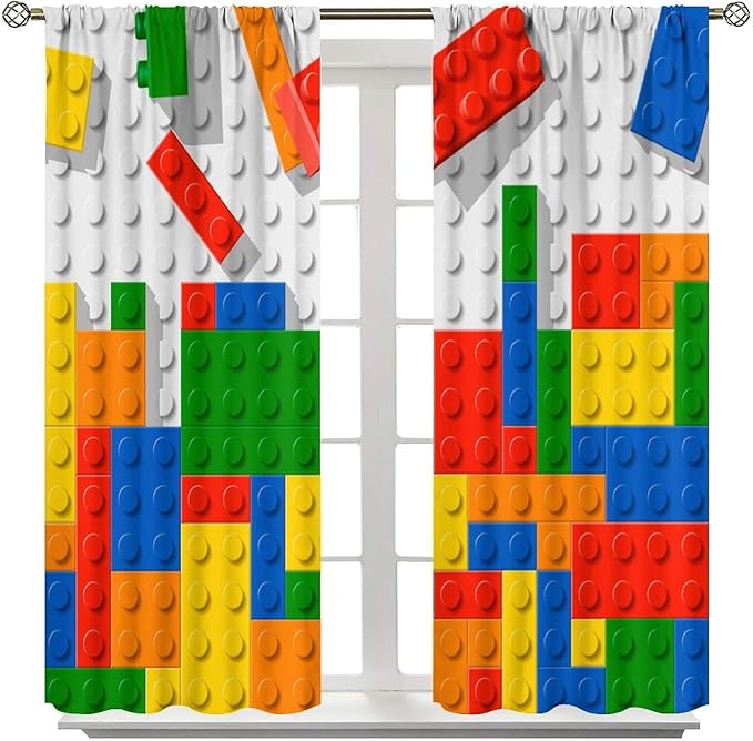 Building Blocks Toy Curtain Rod Pocket Children's Nursery Abstract Outline Colorful Plastic Toy Brick Geometric Print Pattern Curtain Boys Girls Bedroom Playroom 2 Panels 84x84in