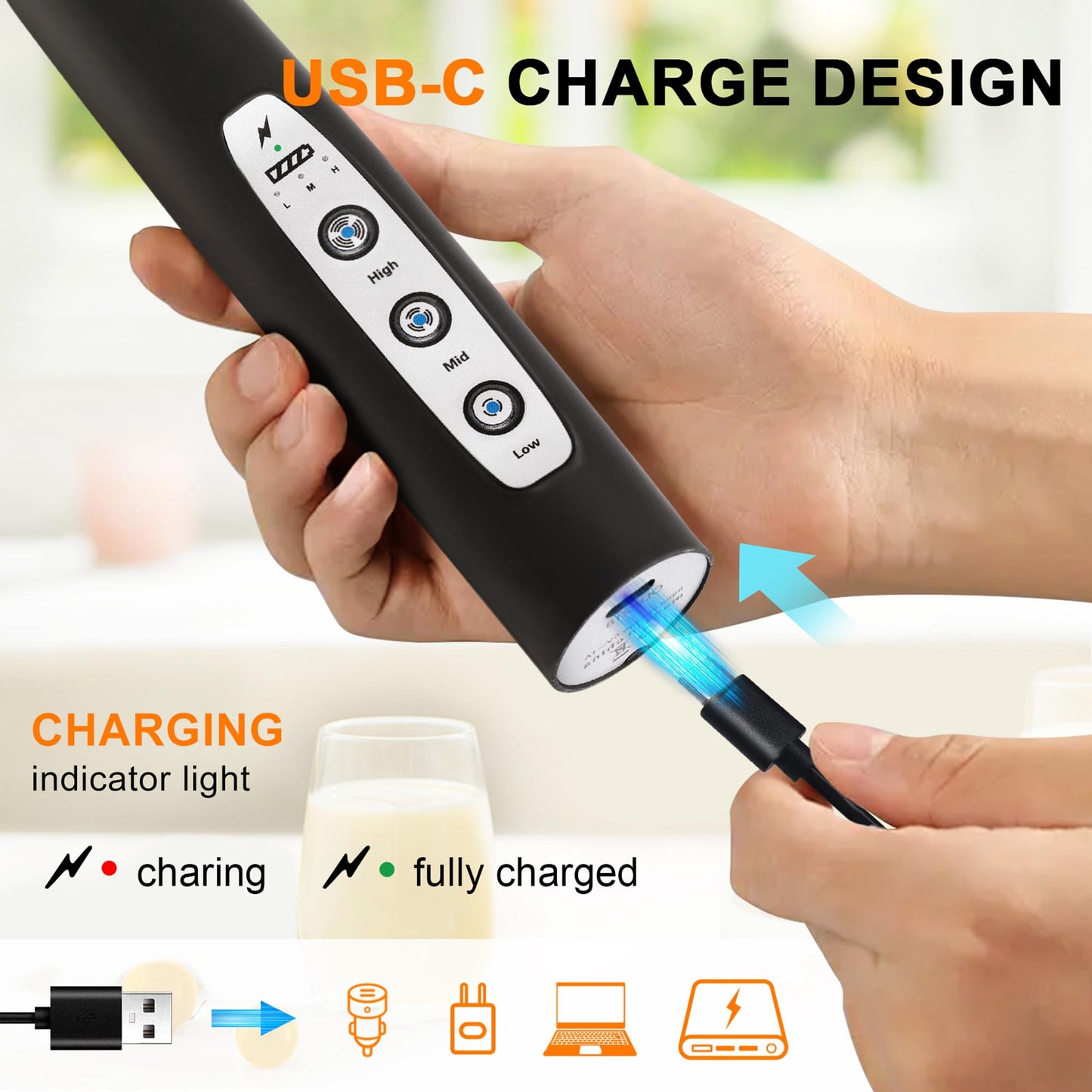 YUSWKO Black Handheld Milk Frother Wand for Coffee, Rechargeable Electric Whisk with 3 Heads 3 Speeds Drink Mixer Coffee Frother For Latte, Cappuccino, Hot Chocolate, Egg