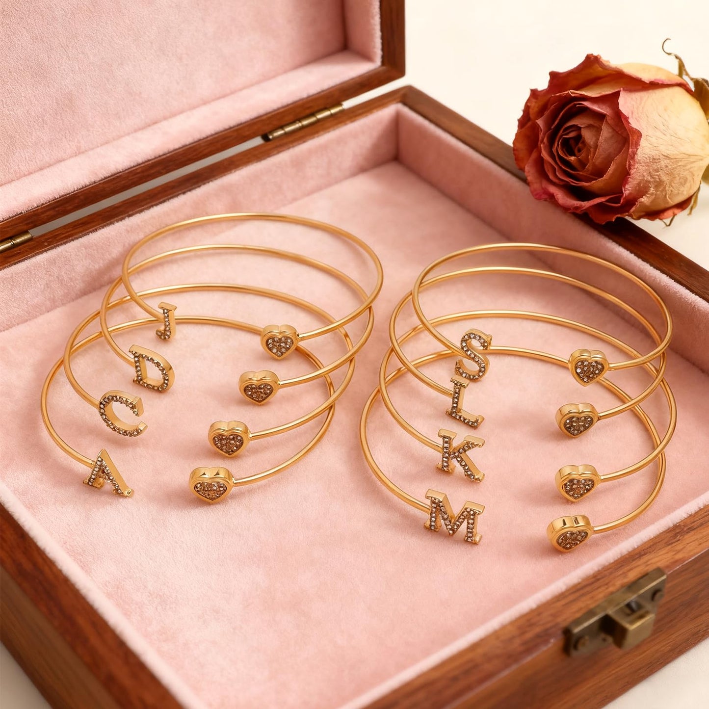 BXDA Trendy Gold Plated Heart Initial D Cuff Bangle Bracelet for Women, Handmade Statement Cubic Zirconia Stackable Open Letter Bracelets Fashion Jewelry Accessories Gift