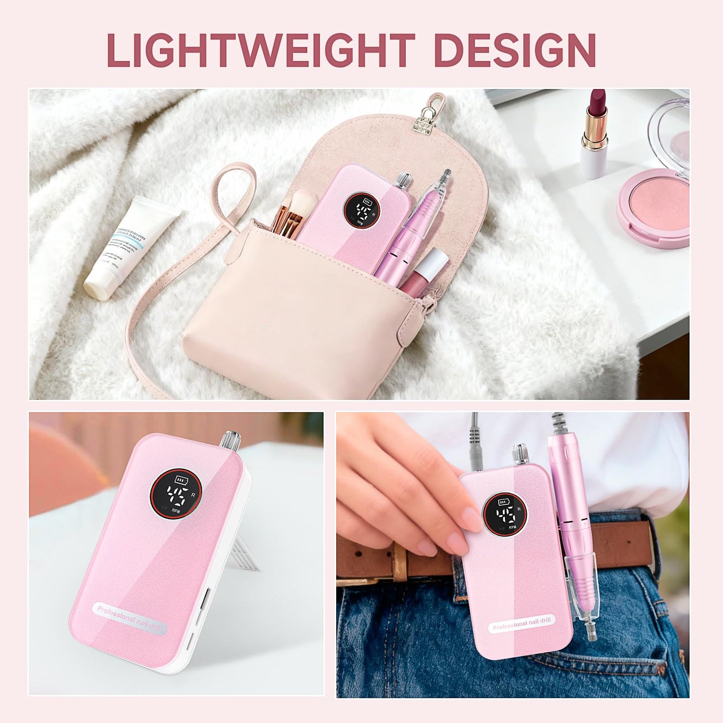 Professional Nail Drill Electric File 45000RPM, Portable Rechargeable Electric Nail File with 11 Drill Bits & 50 Sanding Bands, Low Noise Nail Drill Kit for Acrylic Gel Nails, Salon & Home Use, Pink