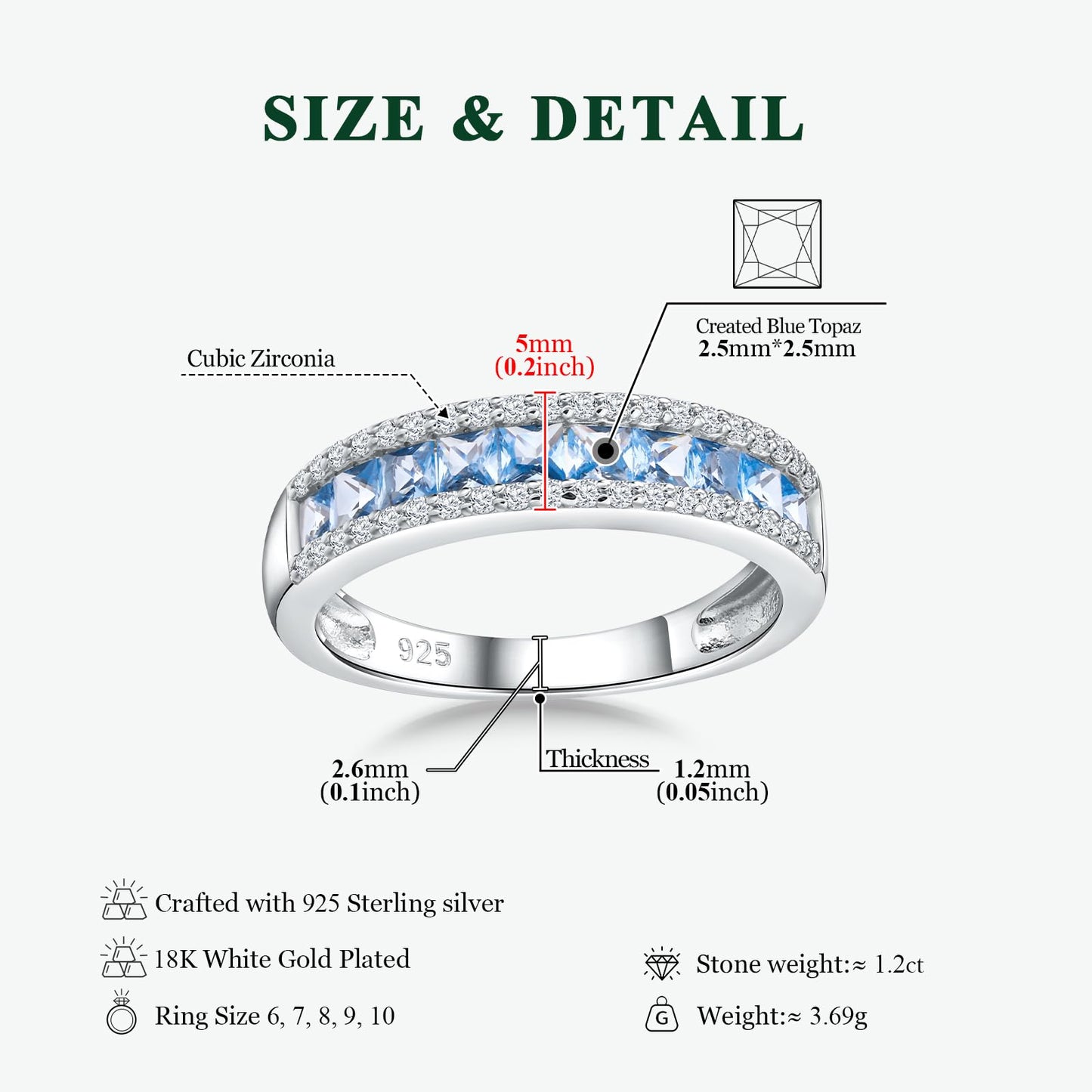 RANDES Blue Topaz Ring Band December Birthstone Ring 925 Sterling Silver Channel Set Half Eternity Band Rings for Women Size 9