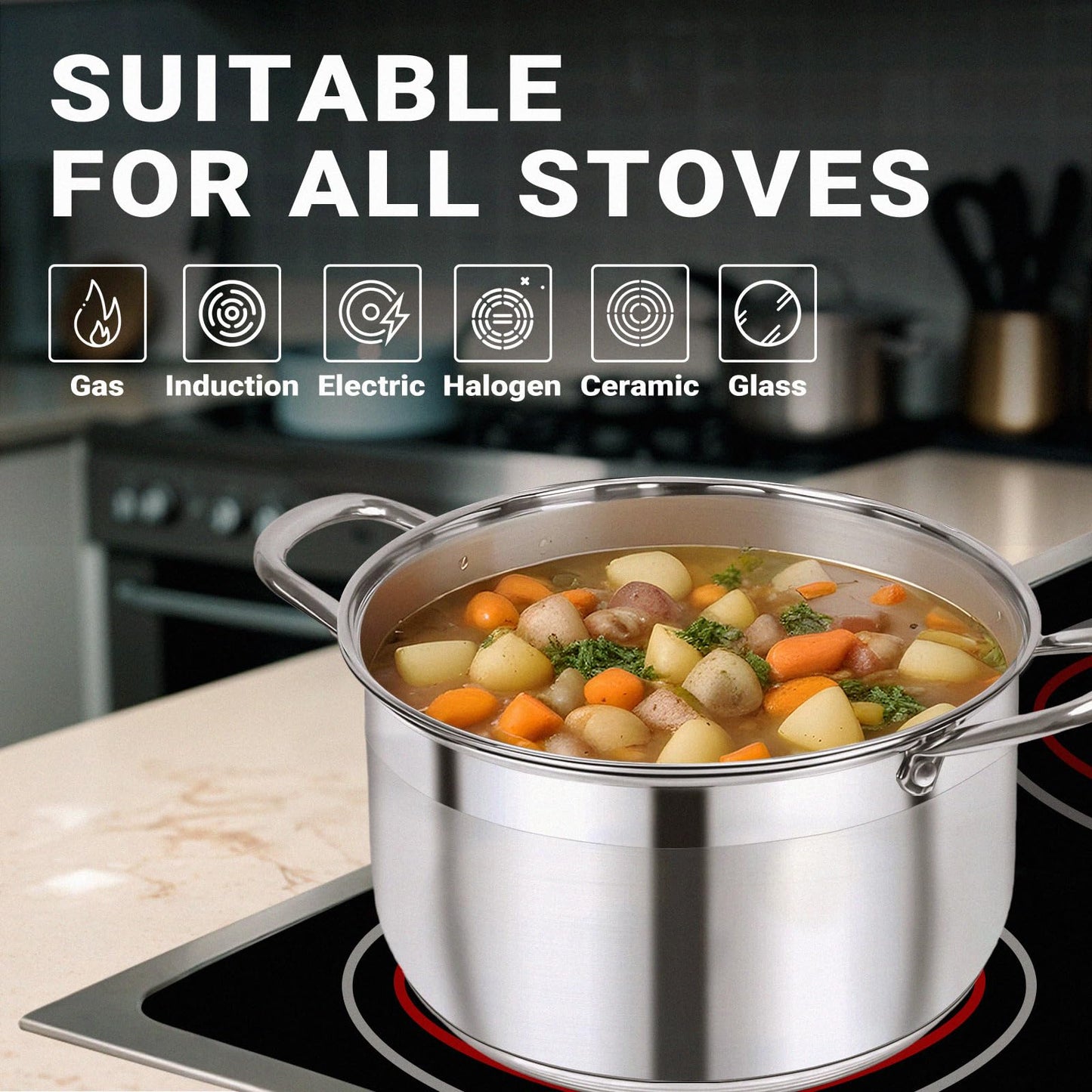 Kirecoo Stainless Steel Stock Pot - 8 Quart Heavy Duty Induction Cooking Pot with Visible Lid for Pasta, Soup, Spaghetti, Nonstick Thick Bottom Big Stockpot, Deep Cookware for Canning, Boiling, Simmer