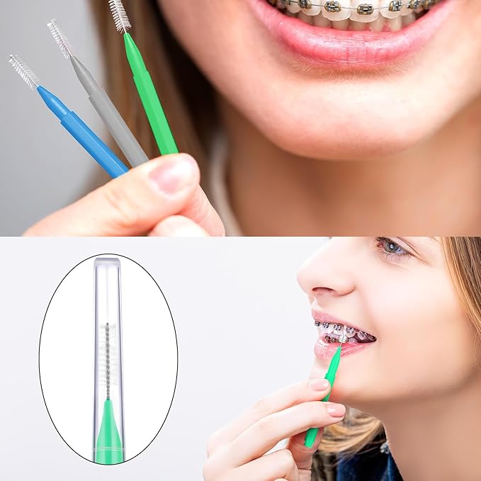 Patelai 100 Pieces Braces Brush for Cleaner Interdental Brush Toothpick Dental Tooth Flossing Head Oral Dental Hygiene Flosser Toothpick Cleaners Tooth Cleaning Tool(Blue, Grey, Green,Various Sizes)