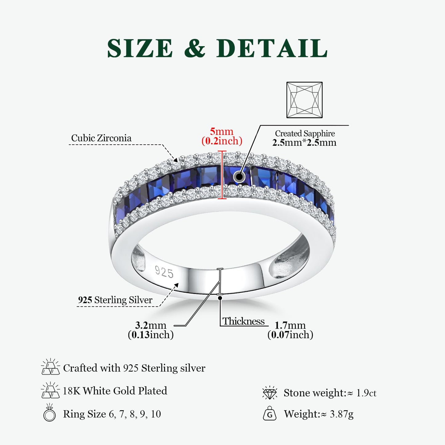 RANDES Wedding Band for Women Half Eternity Square Blue Sapphire Engagement Ring Princess Cut Channel Set Anniversary Ring Size 9