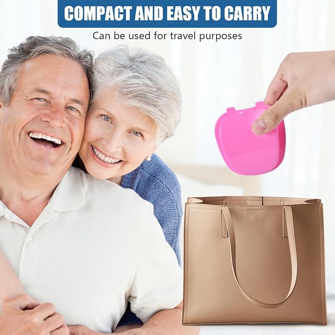 2 Pack Colors Denture Bath Case Cup Box Holder Storage Soak Container with Strainer Basket for Travel Cleaning (Pink and Purple)