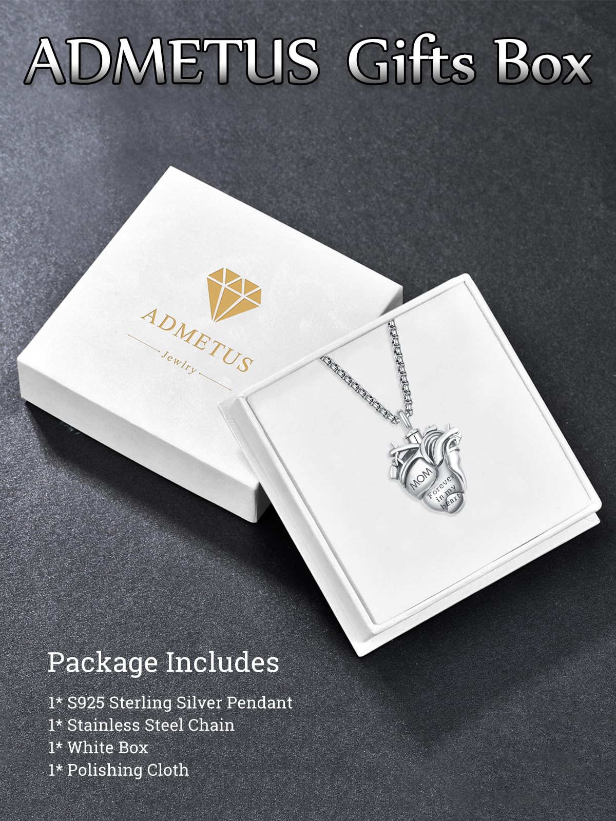 Personalized Anatomical Heart Urn Necklaces for Ashes Sterling Silver Ash Pendants Cremation Jewelry Mom Keepsake Pendant Memorial Jewelry Gifts for Loss of Mom