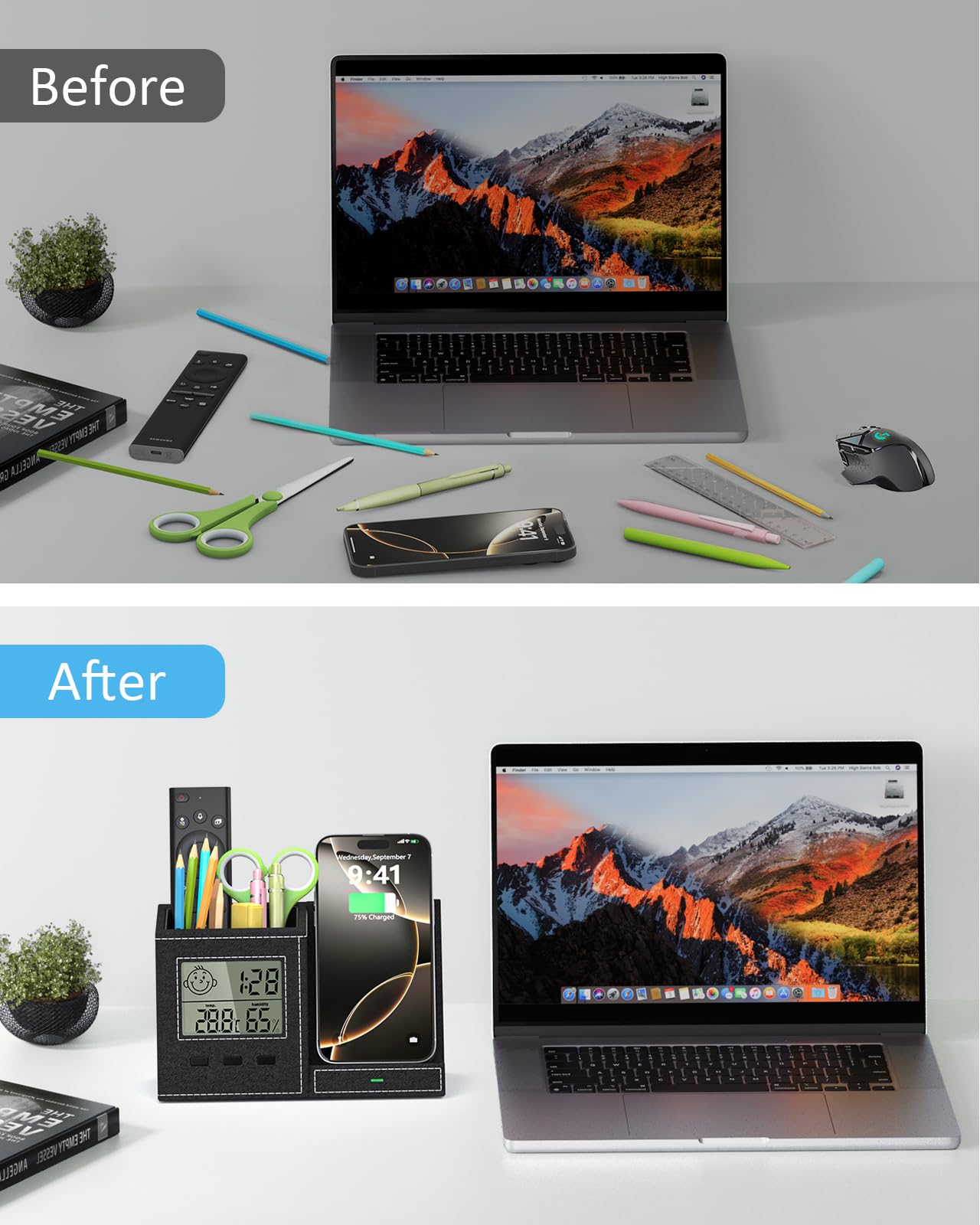 Multifunctional Pen Holder and Organizer for Desk with Wireless Charger, Digital Indoor Thermometer and Humidity Gauge, Home Office Organizers and Storage (Battery Included)