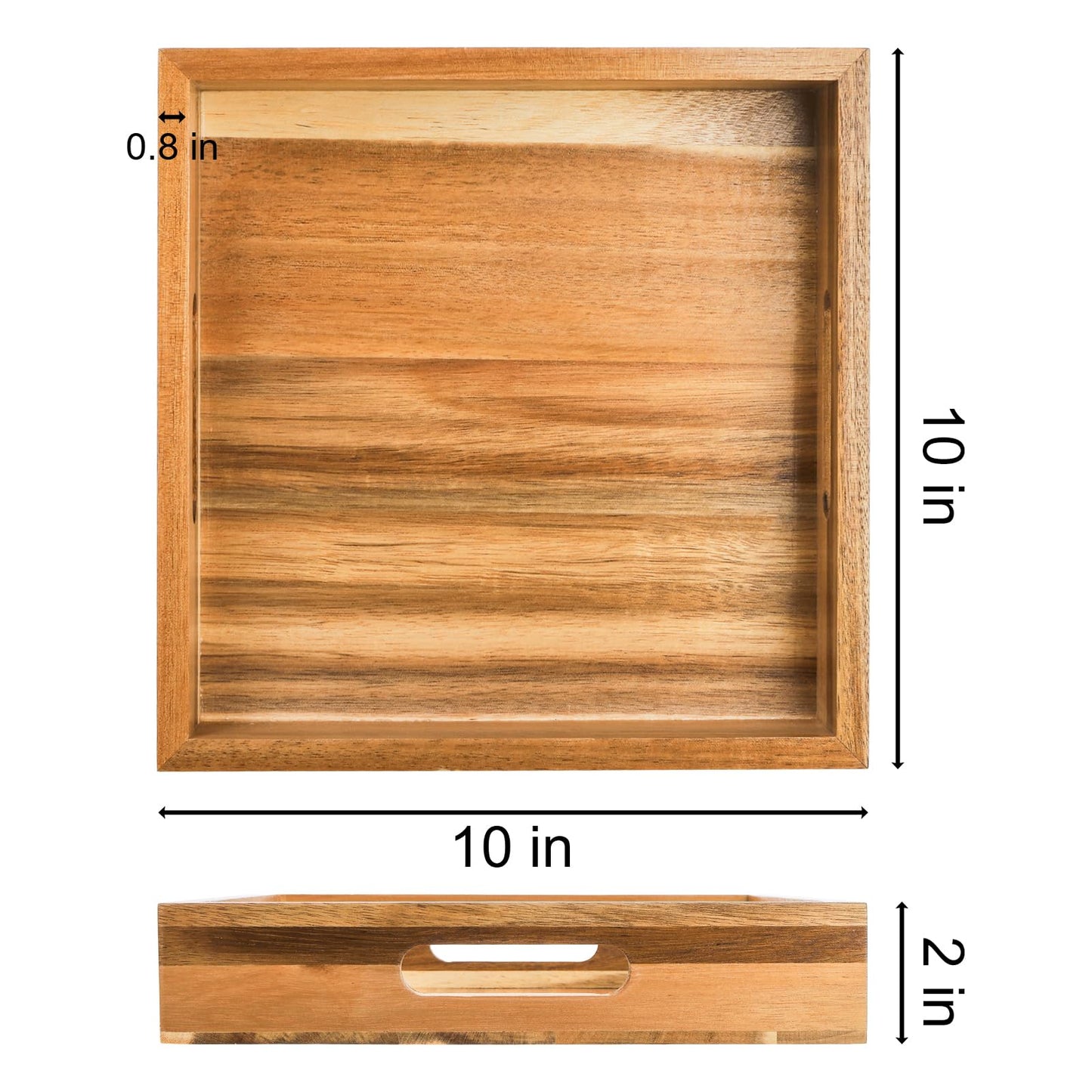 YOUEON Set of 2 Acacia Wood Serving Tray with Handles, 10x10x2 Inch Decorative Serving Trays for Food, Ottoman Tray, Square Coffee Table Trays for Dinner, Coffee, Wine, Appetizer