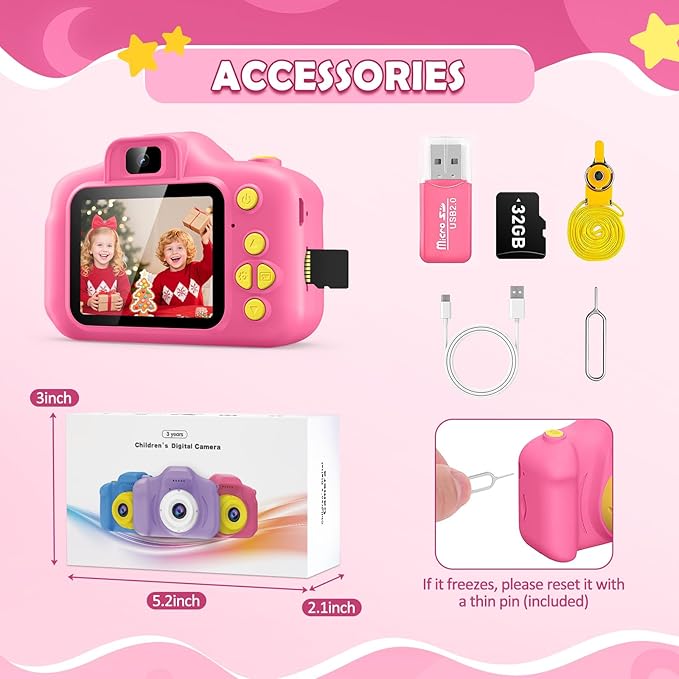 Desuccus Kids Camera for Girls 3-12, 1080P HD Digital Camera with 32GB SD Card - Toddler Camera, Christmas Birthday Gift Toys for 4 5 6 7 8 9 10 11 Year Old Girls (Pink)