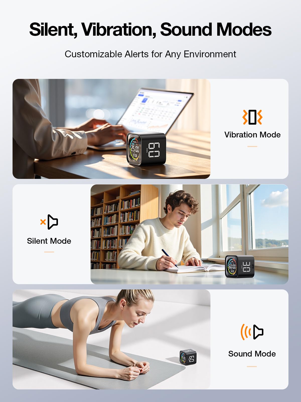 TK3 Pomodoro Timer Cube, Desk Productivity Timer with 5/10/30/60 Min Presets, Custom Countdown, Stopwatch, Clock, 3 Alarm, Silent, Vibrate & Sound Alert, for Task, ADHD, Study, Kitchen, Black