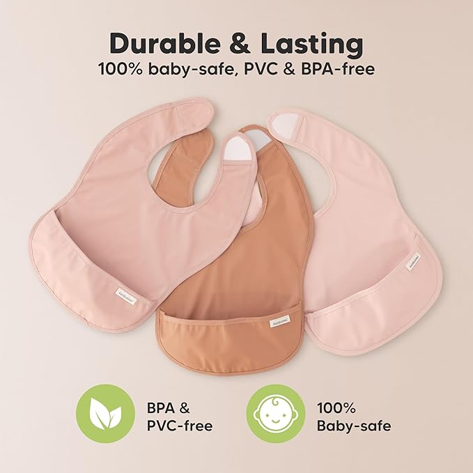 3-Pack Waterproof Baby Bibs for Eating - Lightweight Toddler Feeding Bibs with Large Food Catcher, Mess Proof, Food-Grade Baby Eating Essentials, Easy to Put On & Clean (Fleur)