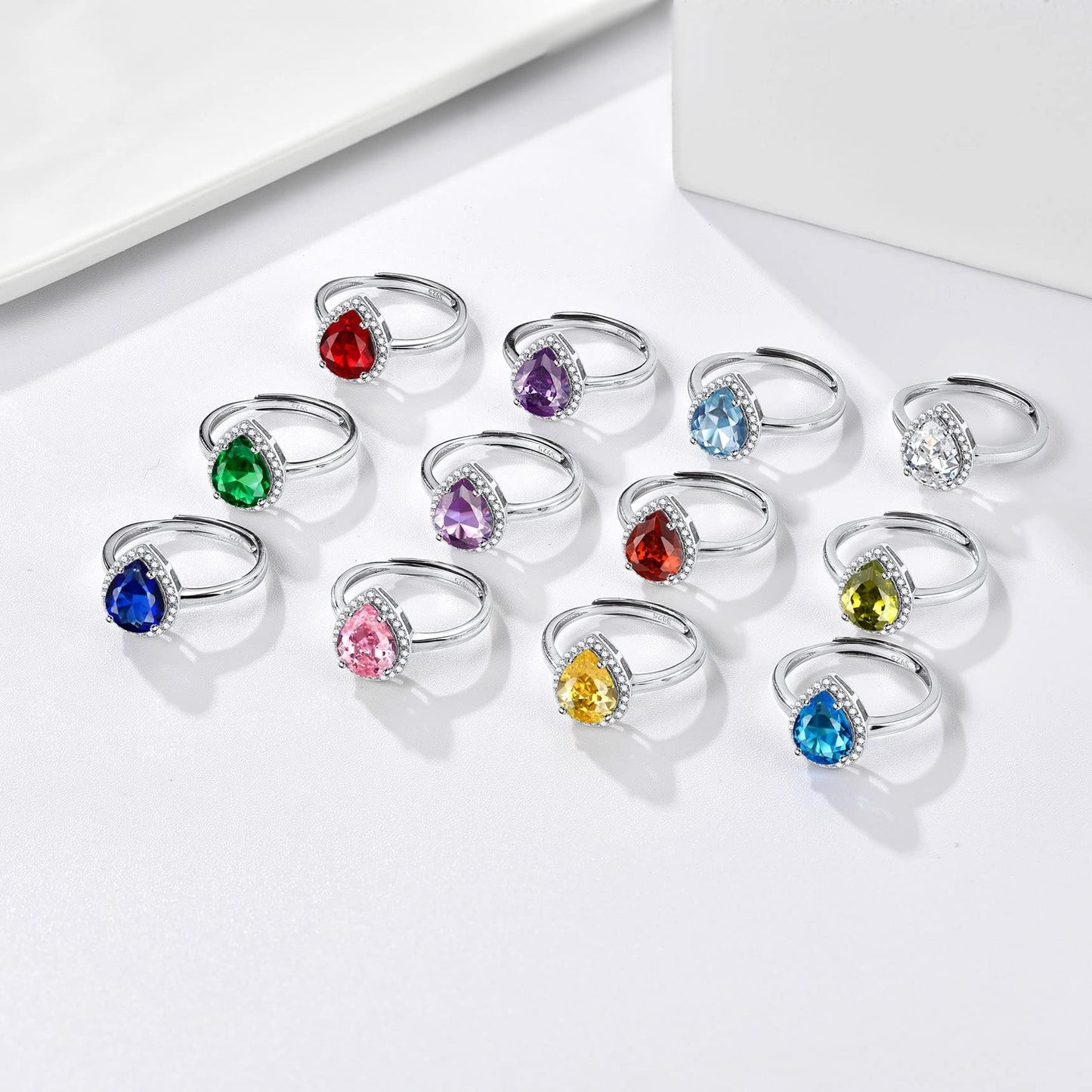 Bestyle 925 Sterling Silver Teardrop Crytsal Cubic Zirconia Rings | Classic Silver February Amethyst Crystal Birthstone Rings for Women, Great Birthday Gift for Wife/Mom/Grandma