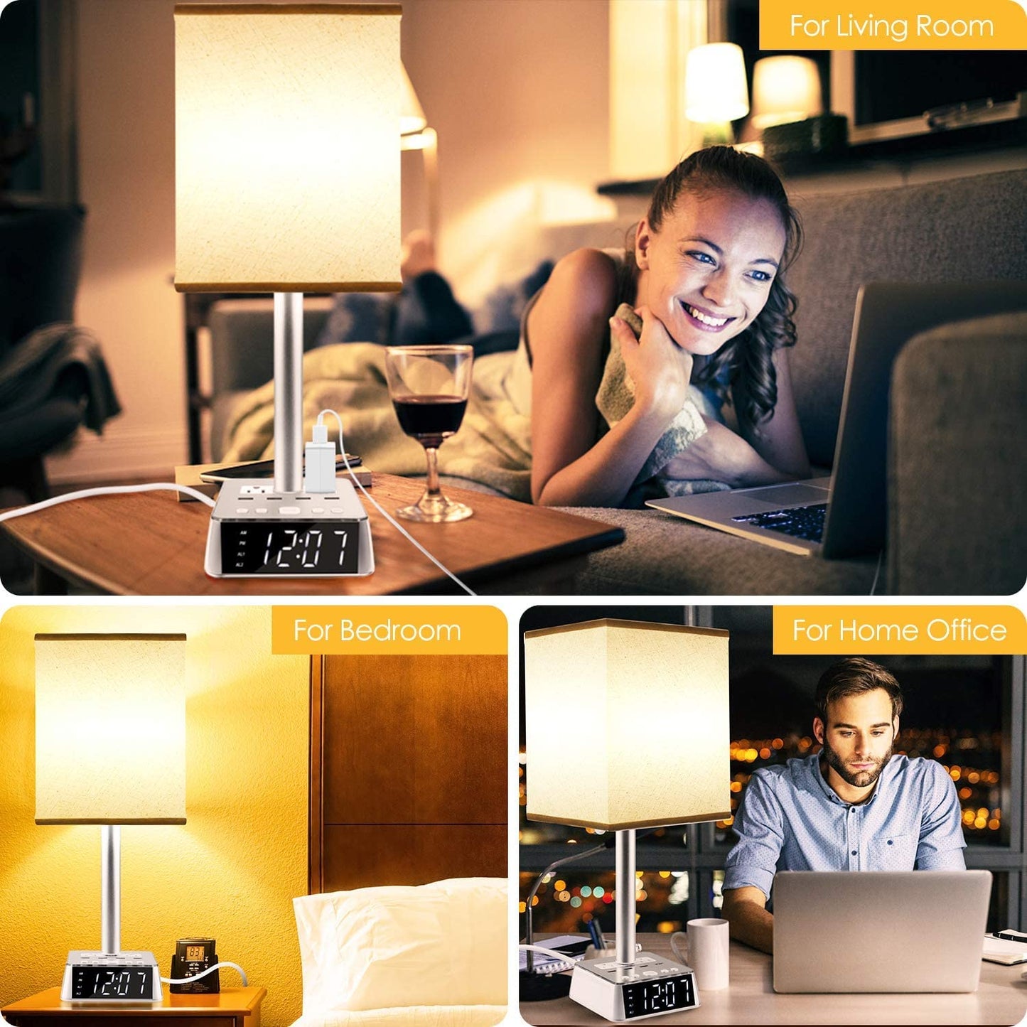 Yostyle Table Lamp Bedside Lamp with 4 USB Ports and AC Power Outlets, Alarm Clock Base w/ 5Ft Extension Cord, Square Oatmeal Fabric Lampshade Modern Accent Nightstand Lamps for Bedrooms Living Room