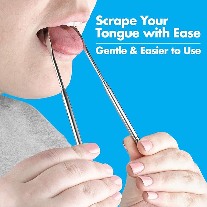 Tongue Scrapers - Pack of 2 - Stainless Steel Tongue Cleaners Brush for Help Getting Rid of Bad Breath & Bacteria - Food Scraper to Keeps Mouth & Teeth Healthy and Clean - Essential Dental Hygiene Kit