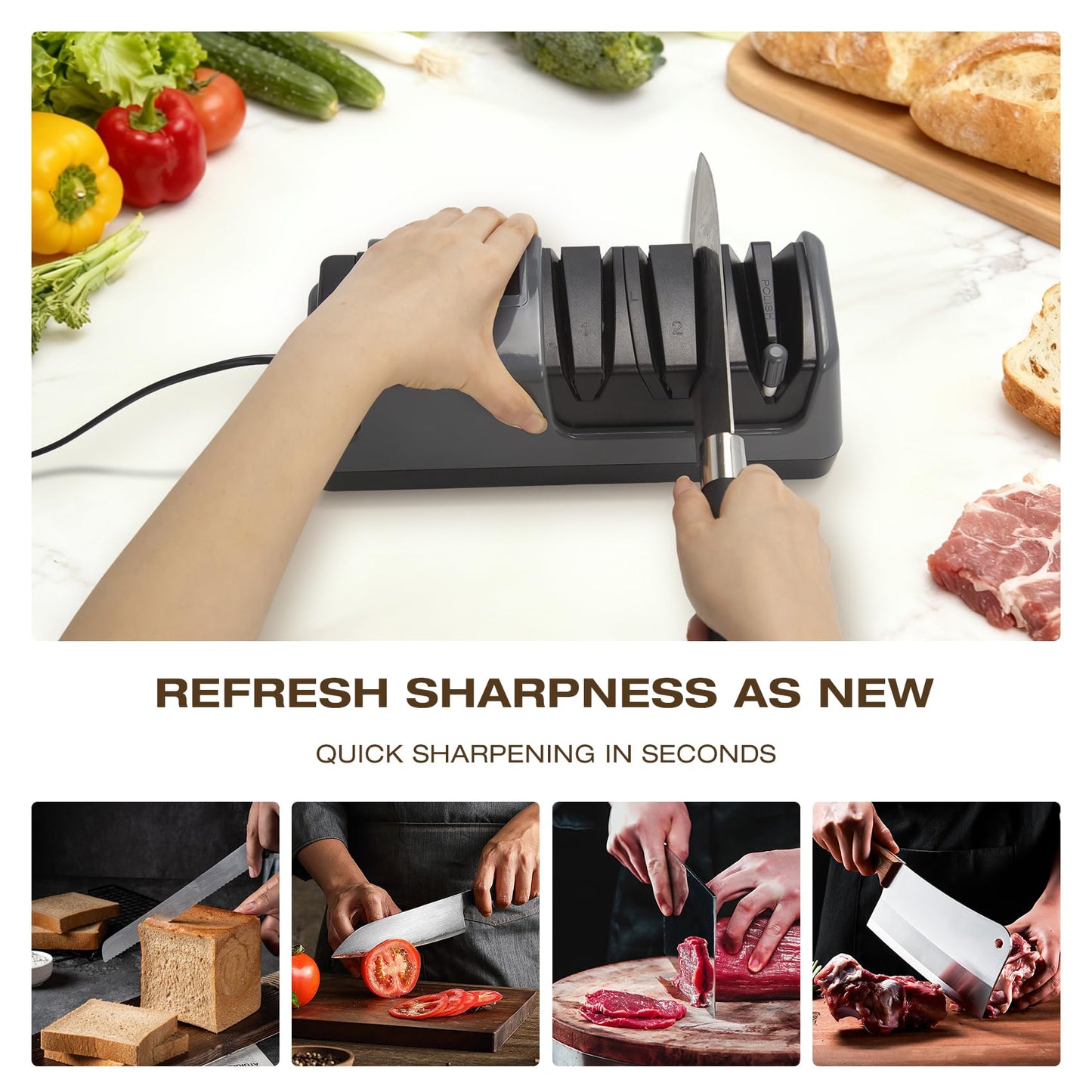 Ceelpeopar Professional 3-Stage Electric Knife Sharpener for Kitchen Knives, LCD Screen, 100% Diamond Abrasive, Adjustable Rotational Speed, Precision Angle Guides for All Kitchen Knives