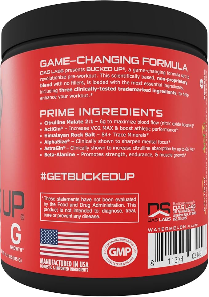 Bucked Up Pre Workout 6 Grams Citrulline, 2 Grams Beta Alanine, and 3 Other Registered trademarked Ingredients (Watermelon)