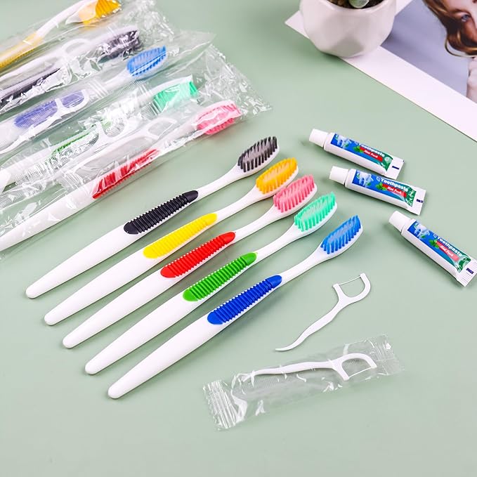 Disposable Toothbrushes with Toothpaste and Floss,50 Pcs 3 in 1 Individually Wrapped Single Use Travel Toothbrushes and Dental Floss Kit Bulk for Homeless,Guests,Dentist,Hotel(5 Colors)