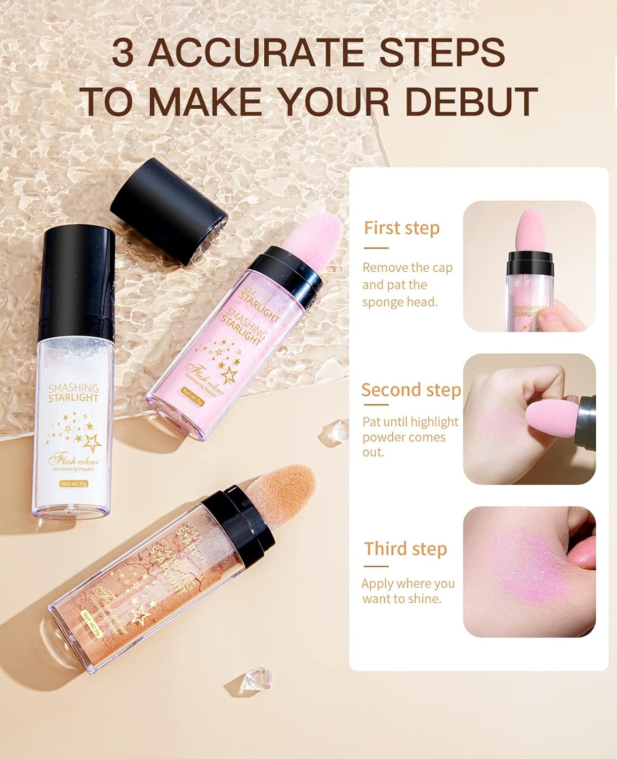 Fairy Highlight Puff Stick Highlight Patting Powder - Multi-Functional Shimmer Powder for Illuminating and Brightening Your Face and Body (#01 Gray)