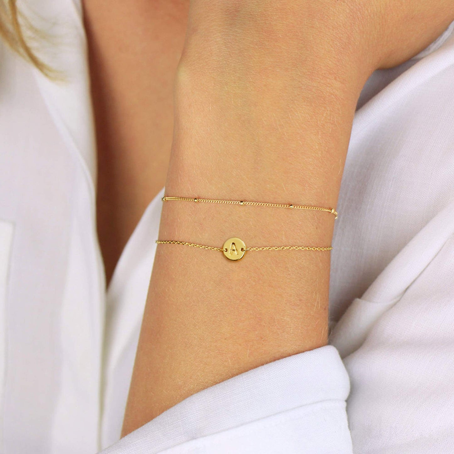 MONOZO Gold Initial Bracelets for Women, Dainty 14K-Gold-Plated Layered Beaded L Letter Initial Bracelet Personalized Alphabet Disc Monogram Charm Bracelet Jewelry Gifts