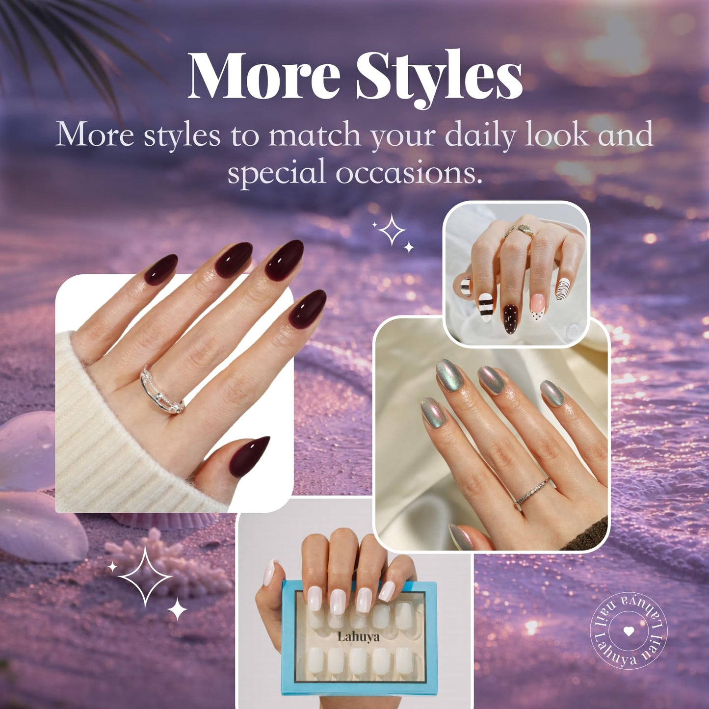 Lahuya Press On Nails - Mocha Chic | Short Almond Fake Nails with Brown and White Graphic Nail Art, Polka Dot, Stripe & Swirl Design, Glossy Finish, Salon Quality | 15 Sizes - 30 Nail Kit with Glue