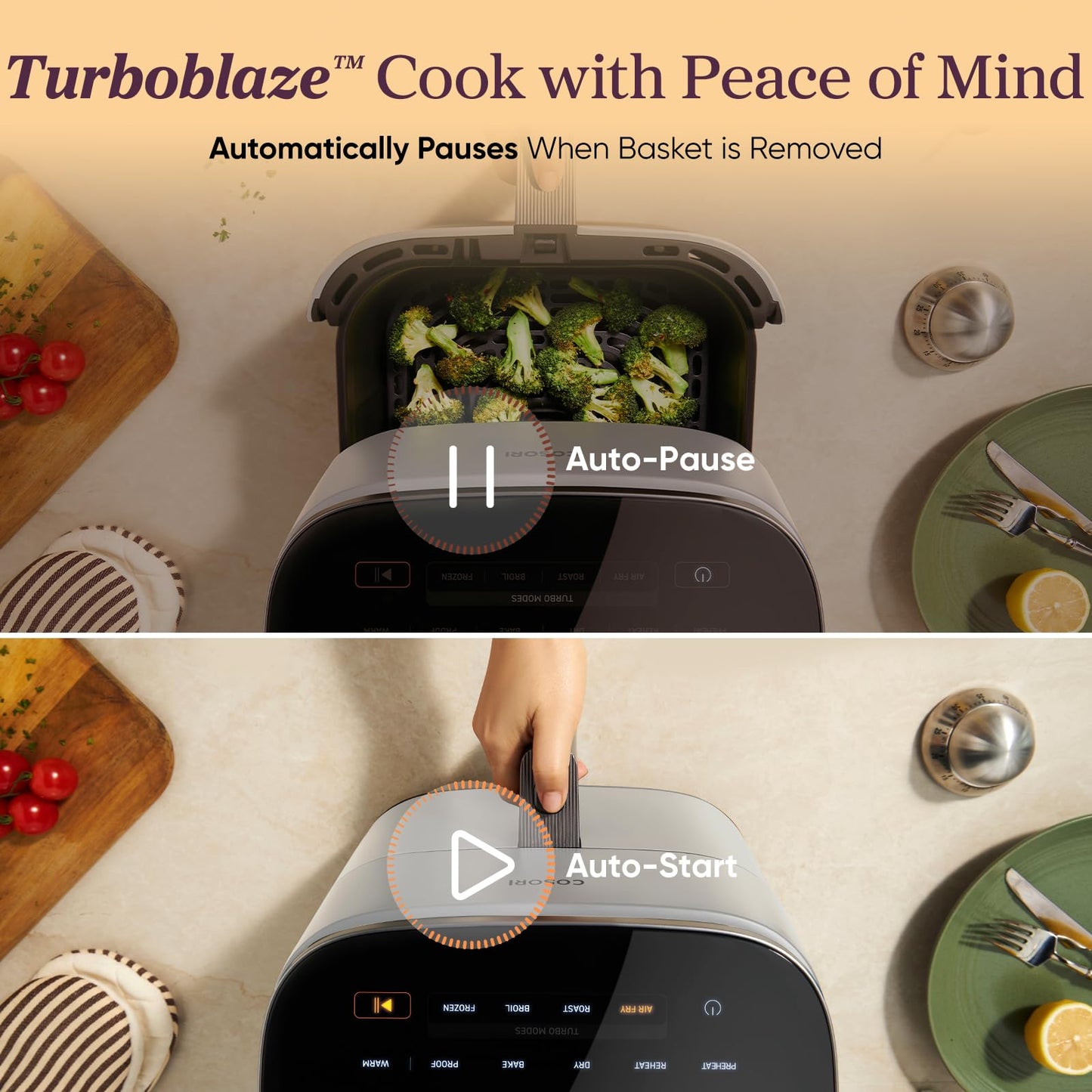 Cosori 9-in-1 TurboBlaze Air Fryer 6 Qt, Premium Ceramic Coating, 90ยฐโ450ยฐF, Precise Heating for Even Results, Air Fry, Roast, Bake, Broil, Dry, Frozen, Proof, Reheat, Keep Warm, 120V, Light Gray