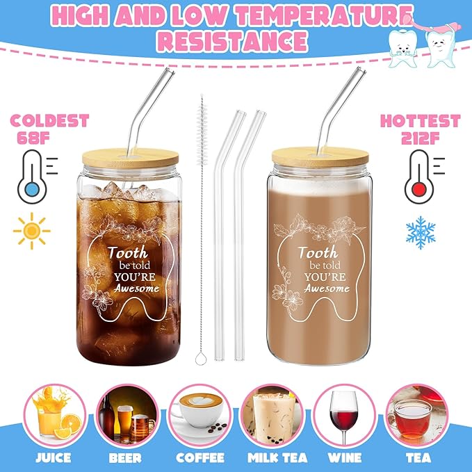 Pickmesh 6 Pcs Dental Gifts Dentist Assistant Hygienist Gifts 16 oz Glass Cups with Lid Makeup Bag Socks Badge Holder Tooth Brush Pot for Women Coworkers Doctor Nurse Christmas Accessories(Black)