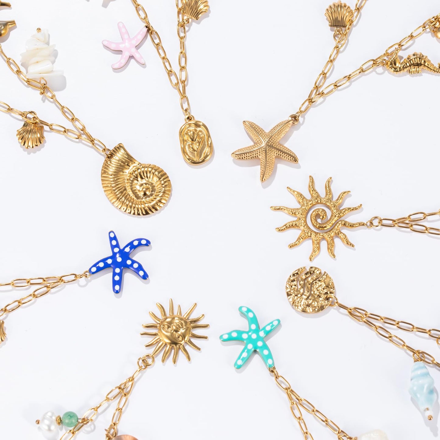 Chunky Gold Necklace Statement Boho Beach Ocean Summer Stainless Steel Jewelry Shell Starfish Turquoise Dolphin Pearl Sun Flower Wave Heart Fish Charm Choker Necklaces for Women(Wave)