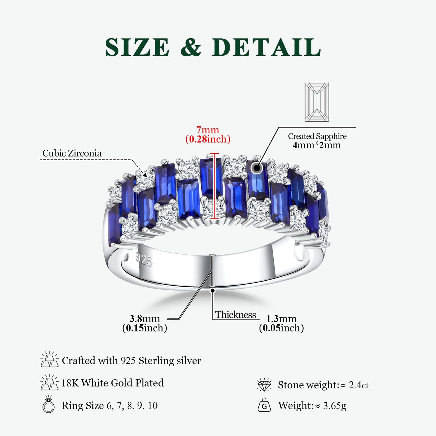 RANDES Sapphire Band Rings for Women 925 Sterling Silver Emerald Cut Eternity Band Blue Ring September Birthstone Ring Size 6