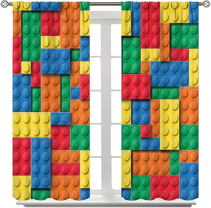 Building Block Toy Curtain Rod Pocket Children's Nursery Abstract Outline Colorful Toy Cartoon Theme Brick Geometric Print Curtain, Blackout Curtain for Boys and Girls Room 72x63in