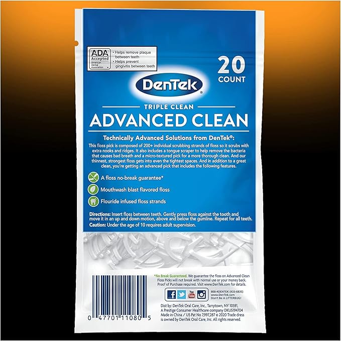 DenTek Triple Clean Advanced Clean Floss Picks, No Break & No Shred Floss, 20 Count (Pack of 8)