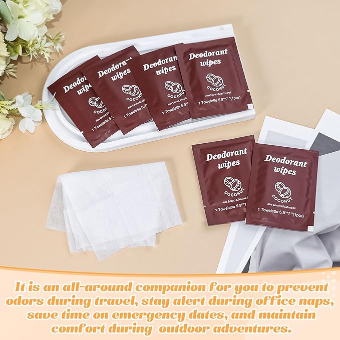 Travel Deodorant Wipes Individually Wrapped,Body Wipes to Clean Skin for Women Men(Coconut,pack of 50)