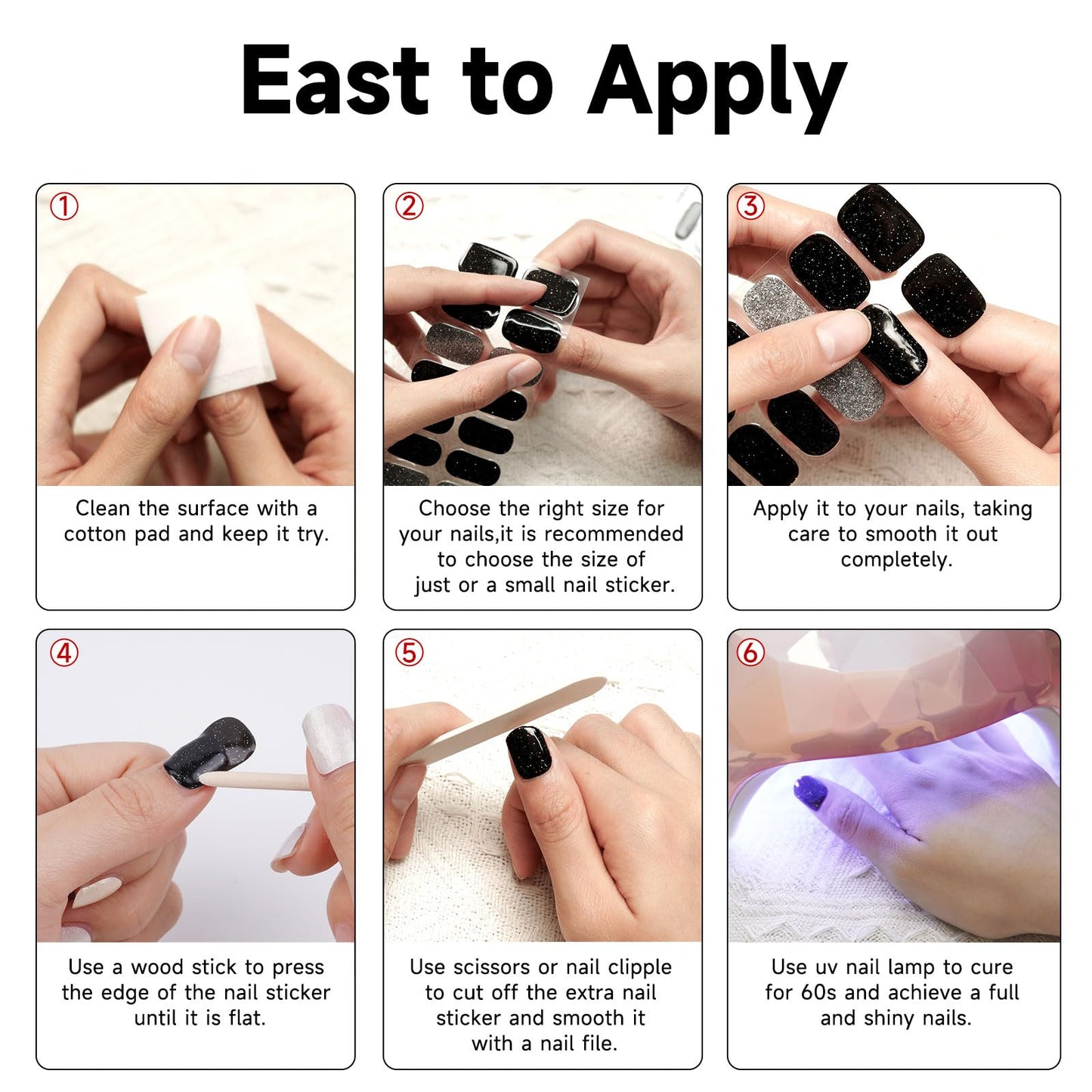 DUKASOU Semi Cured Gel Nail Strips, 56Pcs Nail Art Stickers/Wraps, Long Lasting UV Nail Polish Strips for Adults(Black Silver+White French Tip)