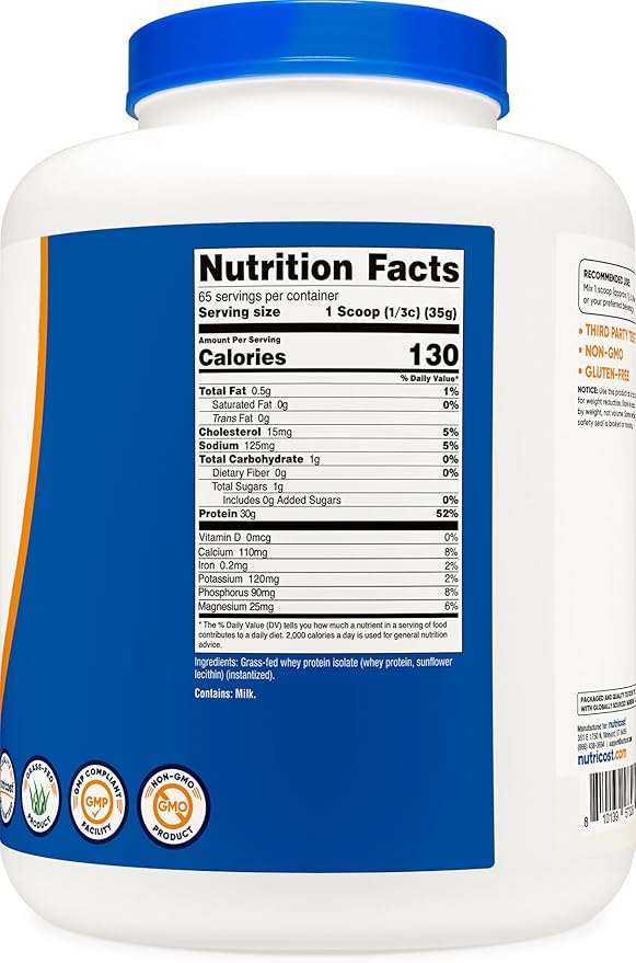 Nutricost Grass-Fed Whey Protein Isolate (Unflavored) 5LBS - rBGH Free, Non-GMO & Gluten Free