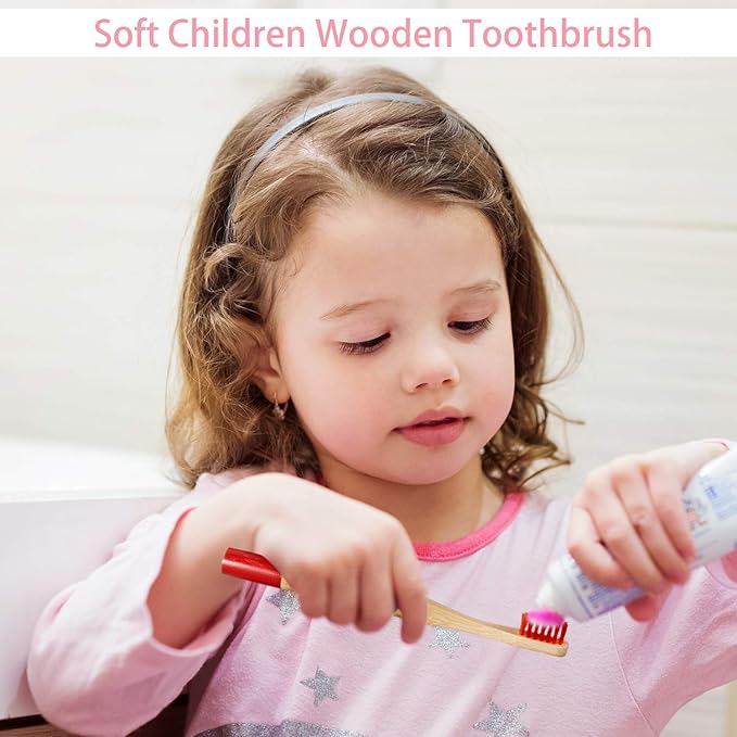10 Piece Kids Bamboo Toothbrush Set - Natural Soft Bristle, Wooden, Toddler to Adult, Organic, BPA-Free, Colorful Travel Pack