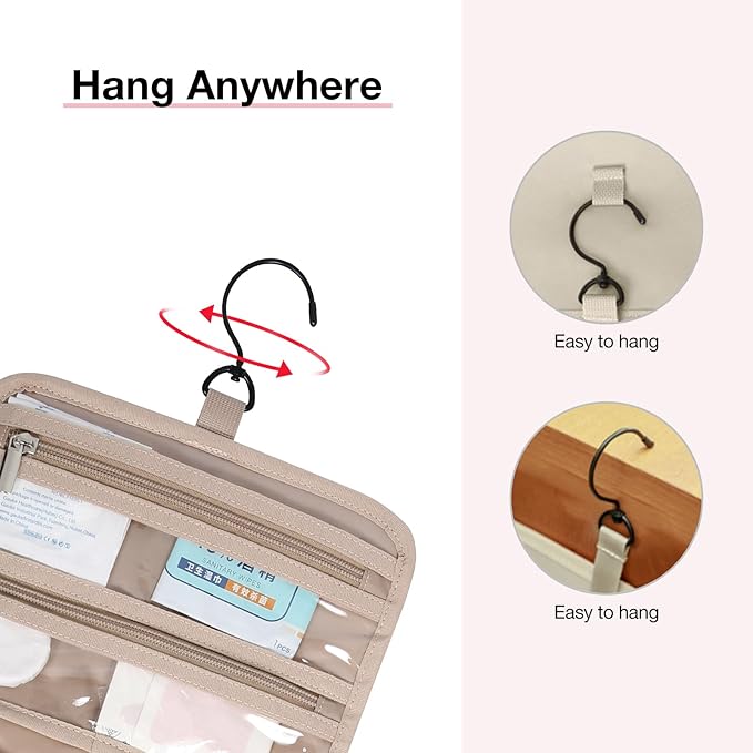 BAGSMART Toiletry Bag Hanging Travel Makeup Organizer with TSA Approved Transparent Cosmetic Bag Makeup Bag for Full Sized Toiletries, Large-Camel