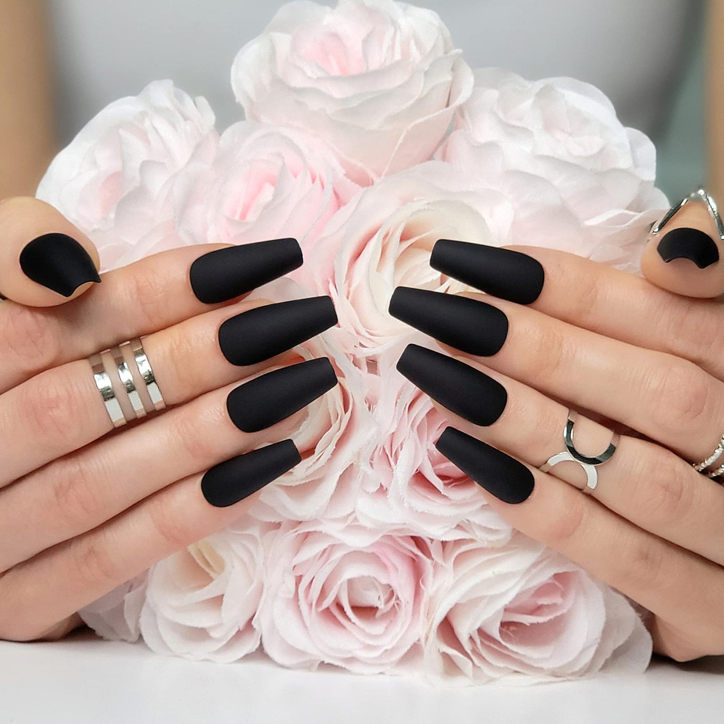 Hypnaughty Press On Nails - Vegas Gold and Nude Luxury Design with Ombre Glitter & Noir Black Matte Luxury Coffin, Trendy & Salon Quality Reusable Nails With Kit