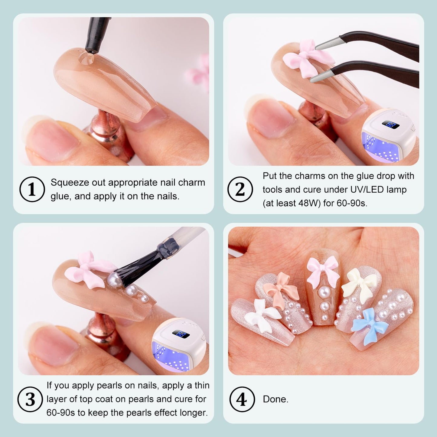 600 Pcs 3D Nail Charms and Flatback Pearls #2, Pink White Black Multi Styles Bowknot Charms + Pink&White Star Heart Nail Jewels + 2-6mm White Nail Pearls for Nail Art Design with Pickup Tools