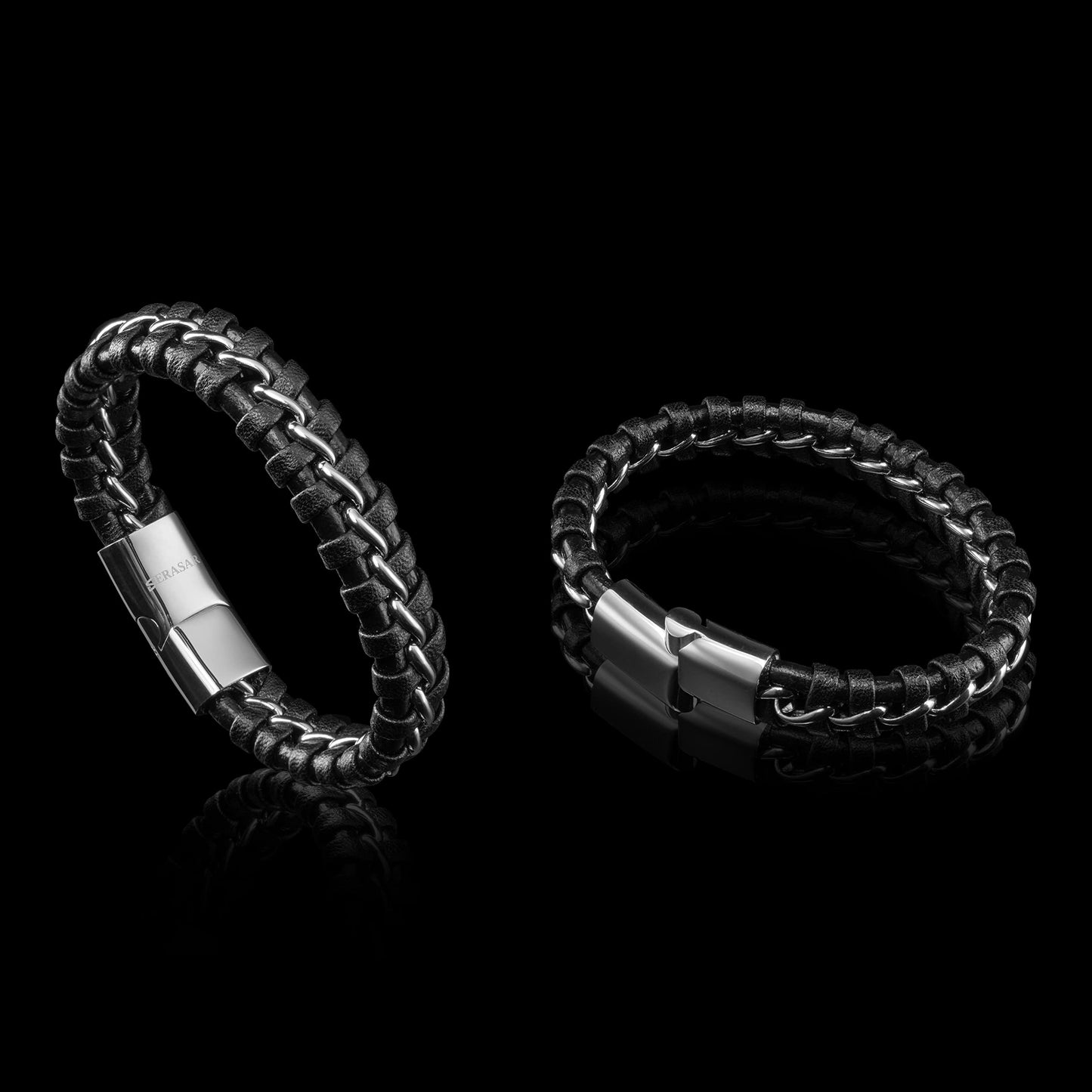 SERASAR 8″ Silver Leather Bracelets for Men Mens Cowhide Gift Box Braided Bracelet Stainless Steel Jewelry Wrist Band Cuff Wrap Rope Bangle Dad Pulseras para Hombres Cuero Regalo