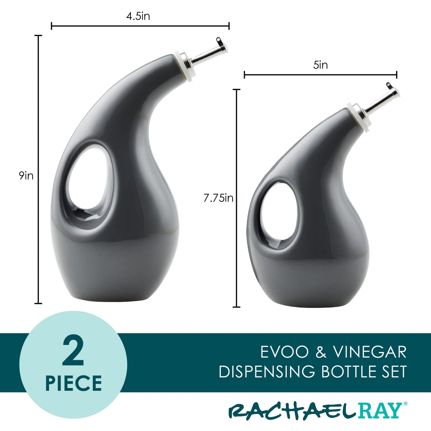 Rachael Ray Serveware Ceramic EVOO Oil and Vinegar Dispensing Bottle Set, 2 Piece, Gray
