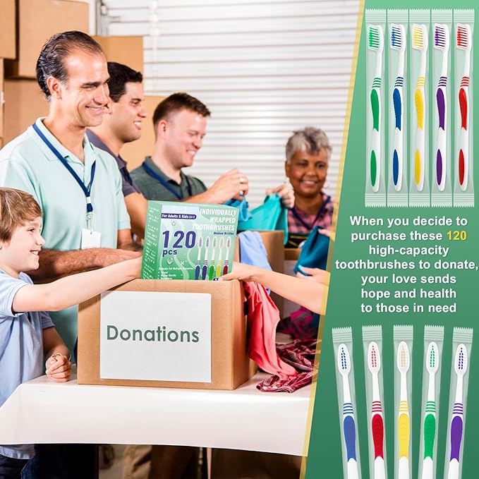 120 Pcs Toothbrush Bulk Disposable, Travel Toothbrushes Pack, Soft Bristle Individually Wrapped and Good Cleaning for Kids, Adult and The Elderly. Suitable for Hotel, Travel, Home, Donated