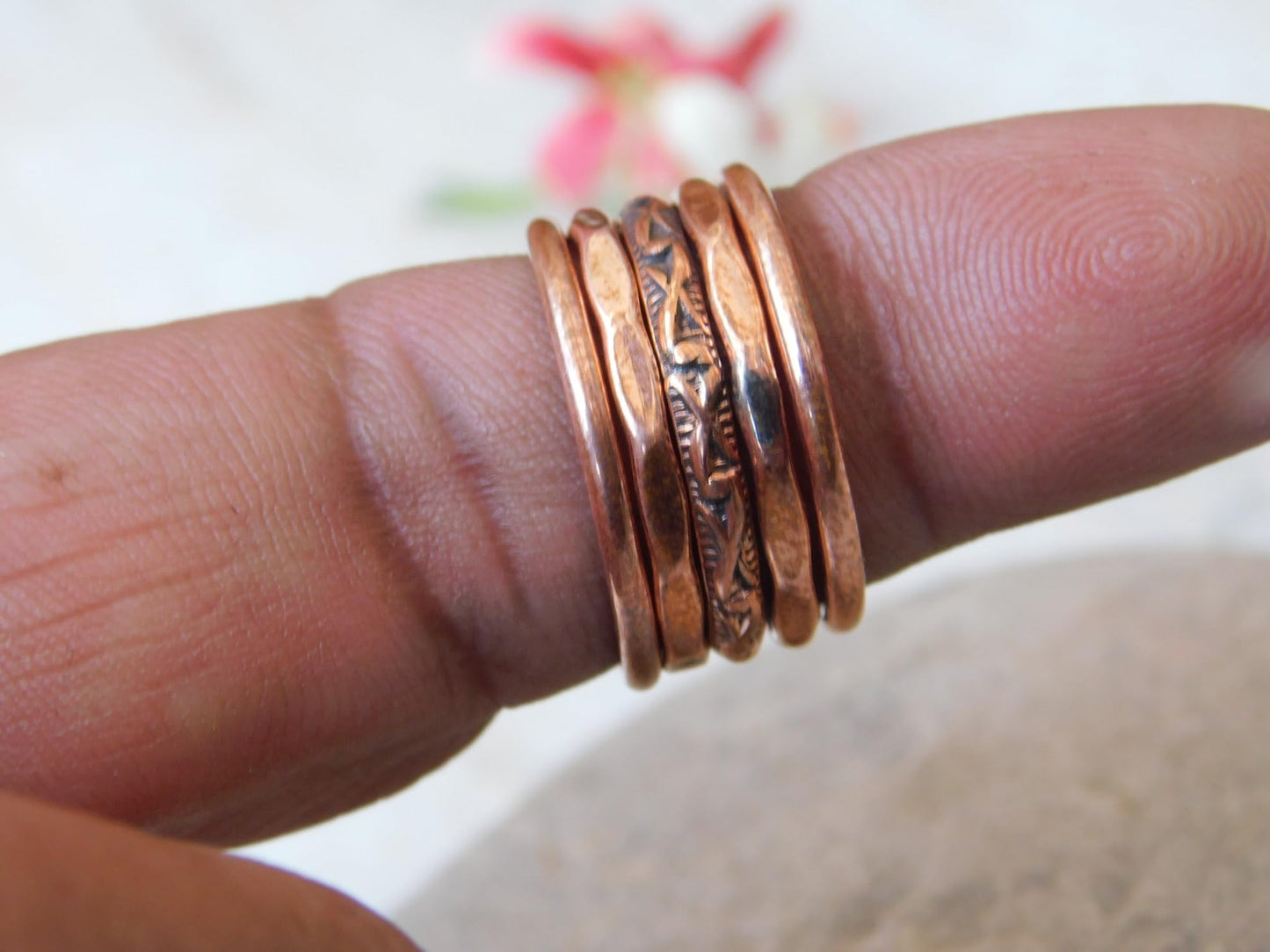 Set of 5 Hand Pure Copper Rings. Made with 100% Pure Raw Untreated Copper. Helps Reduce Finger Joint Pain and Swelling. Tibetan Healing Medicine Ring Set. (US-5.5)