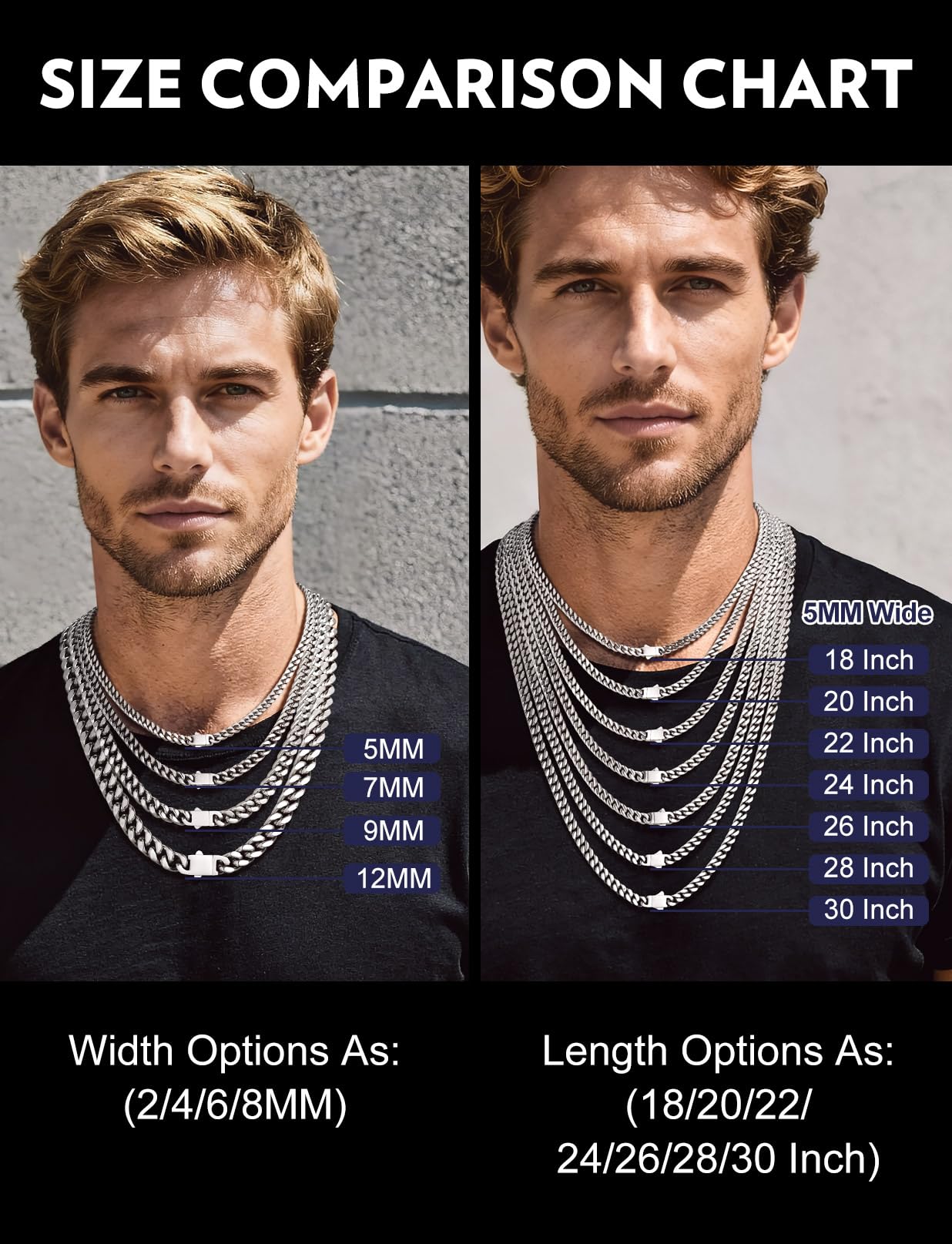 Bandmax Mens Chain Necklace 22 Inch 5MM Wide Miami Chain Hip Hop Link Chains Stainless Steel Silver Rope Chain for Men Women Biker Rapper Jewelry