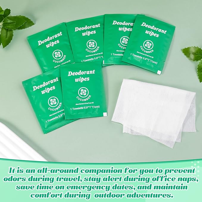 Travel Deodorant Wipes Individually Wrapped,Body Wipes to Clean Skin for Women Men(Cucumber,pack of 100)
