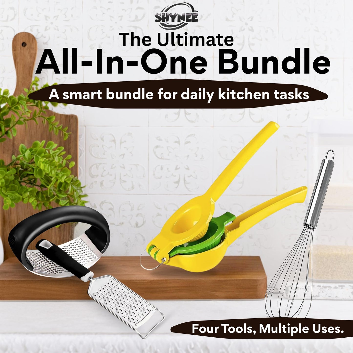4PCs Kitchen Essentials Kit โ Lemon Squeezer, Garlic Press, Stainless Steel Whisk, Multi-Use Grater, Cheese Grater โ Durable, Easy to Clean Cooking Tools Set for Everyday Meal Prep