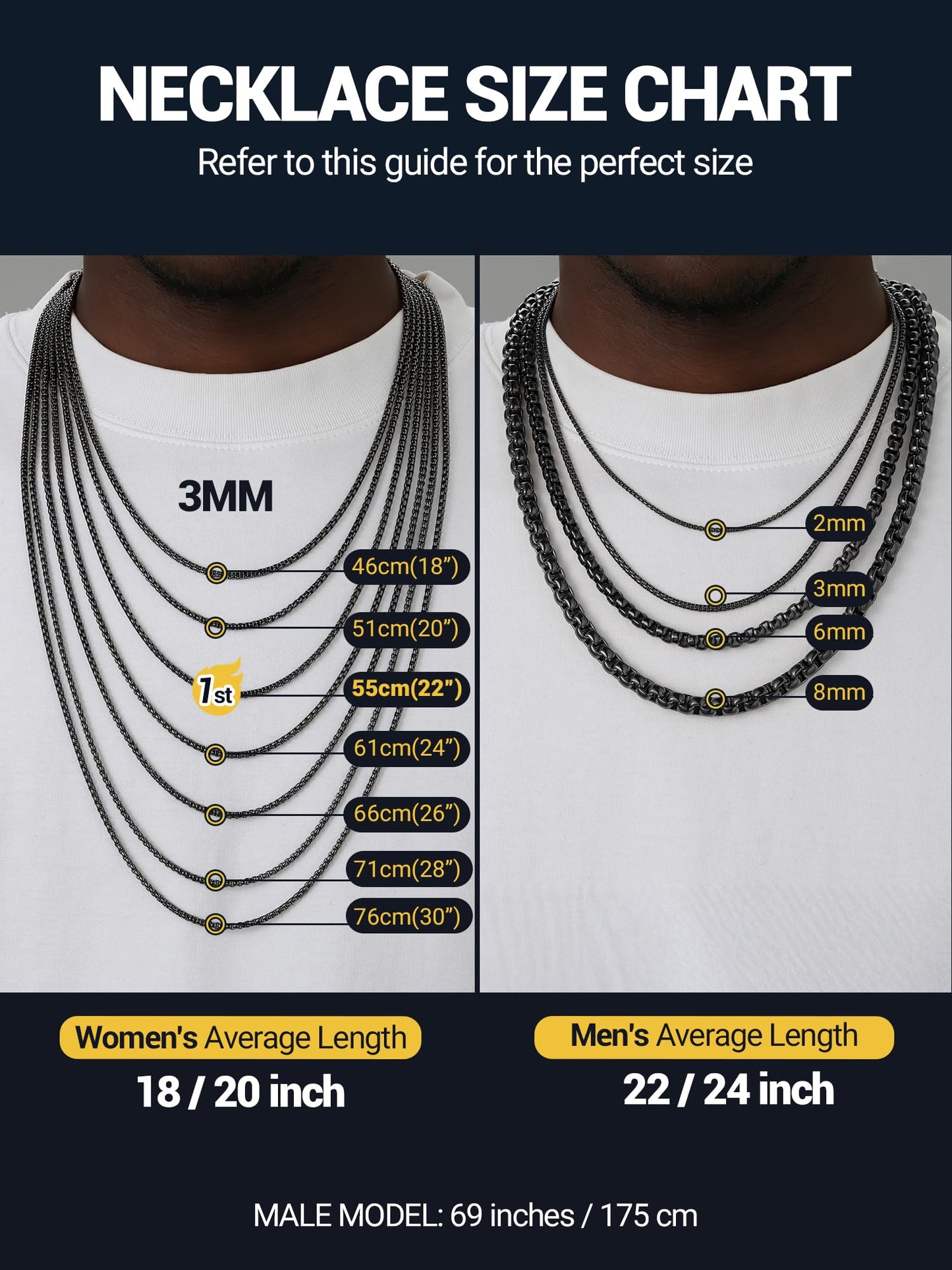 PROSTEEL Mens Chain Necklace, Squre Rolo Link Chains Black Chunky Stainless Steel Necklace 8mm Waterproof & Durable Men and Women Jewelry with Gift Box 30in