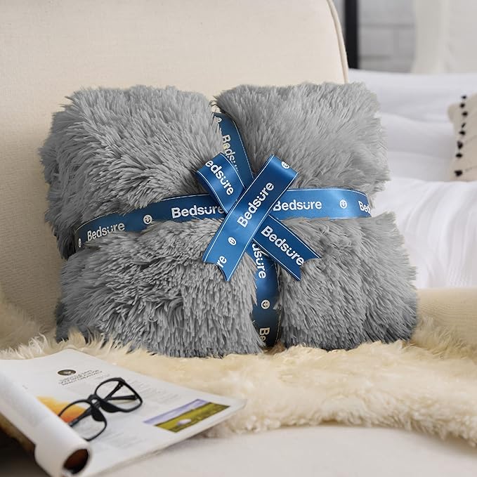 Bedsure GentleSoft Fluffy Grey Throw Blanket, Grey Decor Cozy Gifts for Women Men, Soft Sherpa Fleece Fuzzy Plush Thick Warm Minky Faux Fur Throw Blanket for Couch Bed Sofa, Gray Gifts for Dad, 50x60