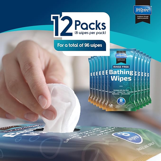 Inspire Thick Rinse Free Body Wipes, Extra Large Washcloths For Adults, Aloe Vera Enriched