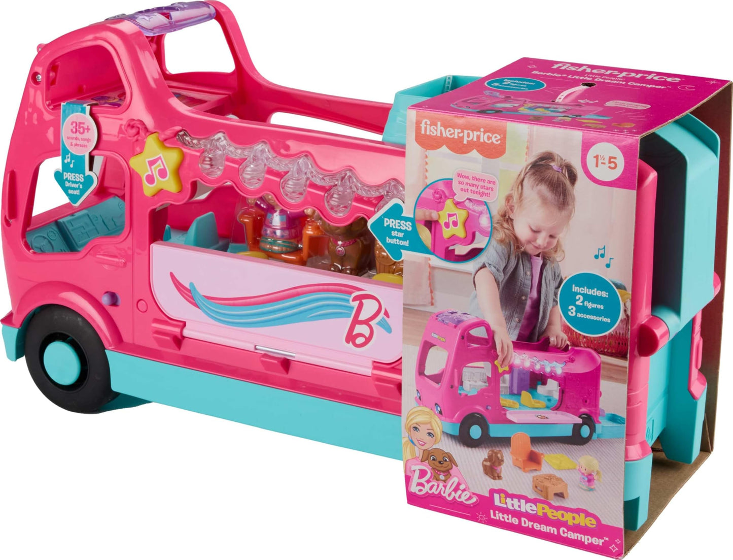 Fisher-Price Little People Toddler Toy Barbie Dreamcamper RV Playset with Music Lights & Figures for Pretend Play Kids Ages 18+ Months