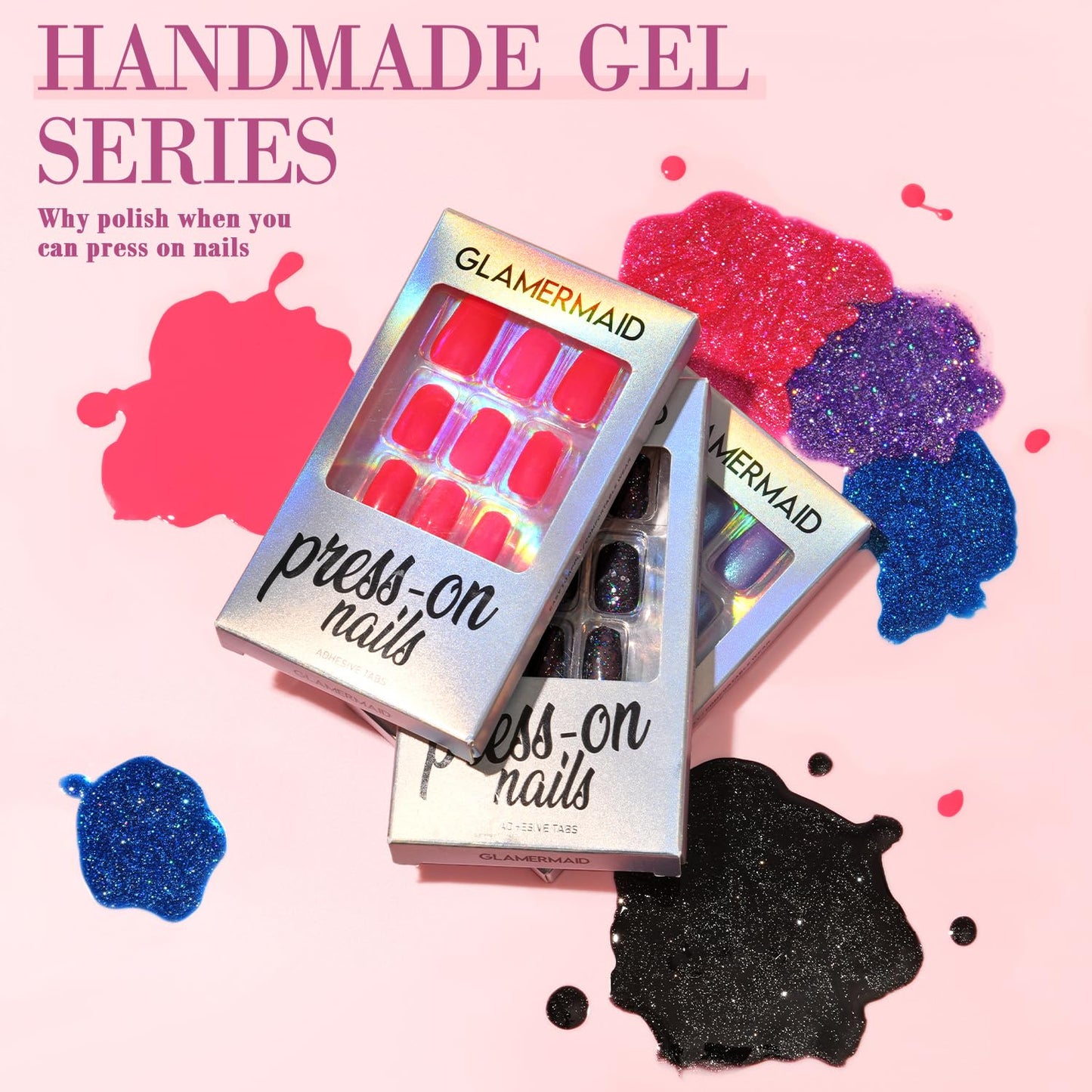 GLAMERMAID Black Cat Eye Press on Nails Medium Almond, Handmade Jelly Magnet Gel Fake Nail, Gloss Glitter Magnetic Glue on Nail Short Oval, Reusable Acrylic Stiletto Stick on False Nail Kit for Women